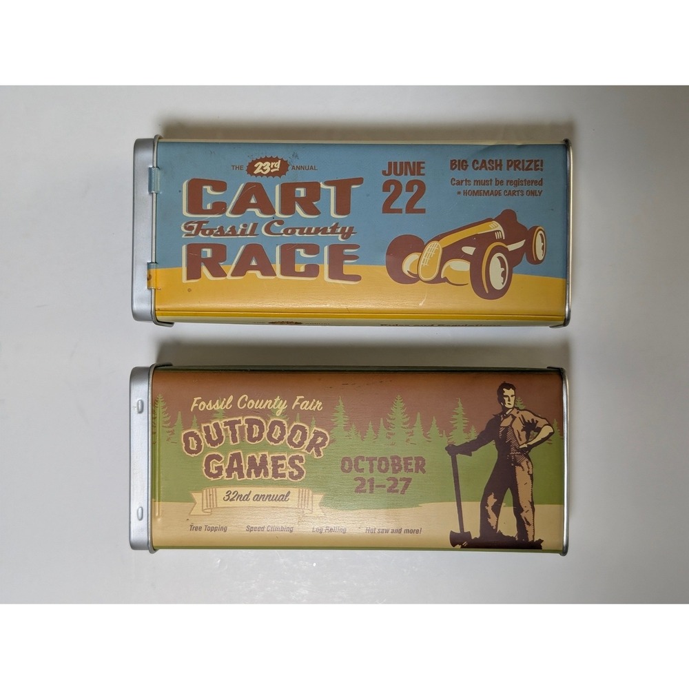 Fossil Collectible Tins Set of 2 Vintage 2002 Cart Race Outdoor Games Fair Retro